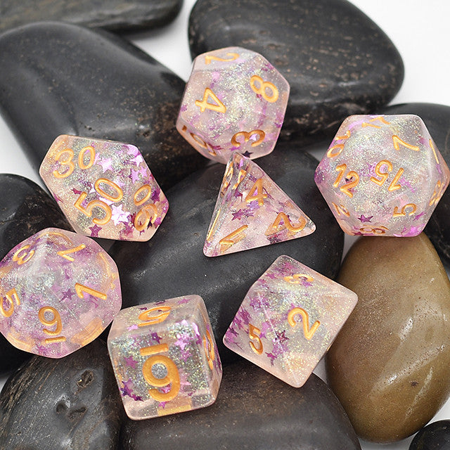 Starlight Wish Purple Stars and Gold Glitter 7pc Polyhedral Dice Set